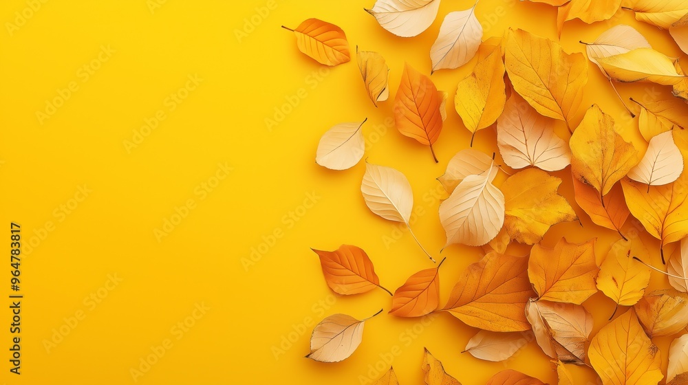 Obraz premium autumn leaves on vibrant yellow background, seasonal fall concept with bright colors and copy space.