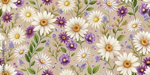 Daisy and Purple Flower Watercolor Seamless Pattern, floral , botanical , illustration , seamless pattern