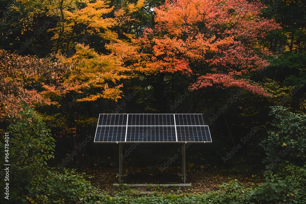 Naklejka premium Solar Panel in an Autumnal Forest Setting