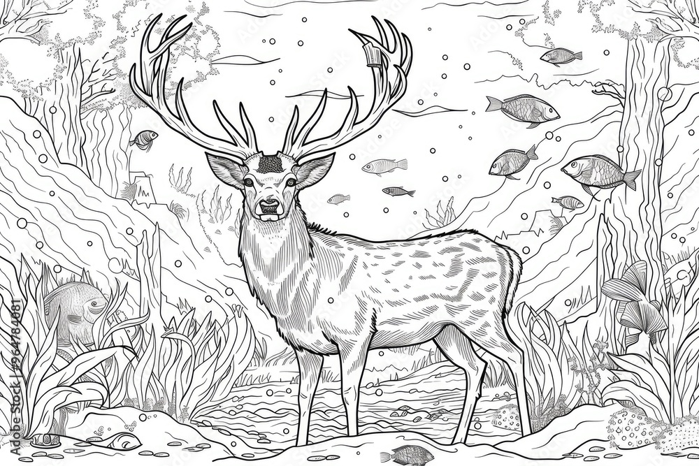 Coloring book illustration of a deer surrounded by an aquarium and fish Coloring book illustration of a deer surrounded by an aquarium and fish