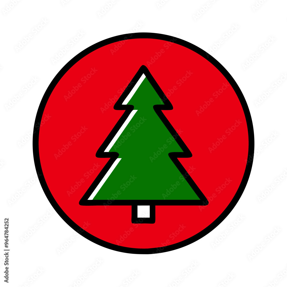 Green Christmas Tree Icon in Red Circle, Festive Holiday Design Green Christmas Tree Icon in Red Circle, Festive Holiday Design