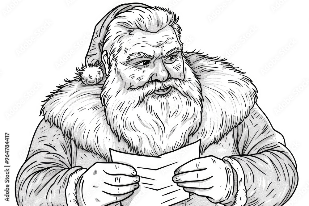 Coloring book illustration of a charming Santa Claus Christmas icon Stylized character New Year decoration Illustration with expression A bearded figure in a red fur coat reading a letter Coloring book illustration of a charming Santa Claus Christmas icon Stylized character New Year decoration Illustration with expression A bearded figure in a red fur coat reading a letter
