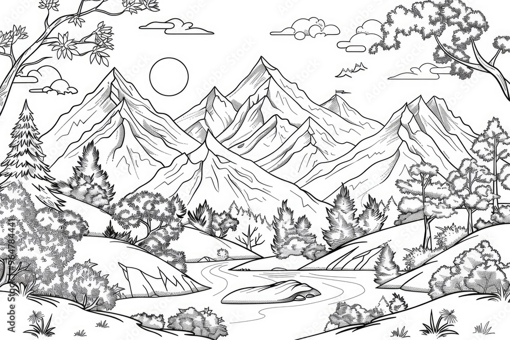 Coloring book illustration of a beautiful mountain landscape with peaks and trees Coloring book illustration of a beautiful mountain landscape with peaks and trees