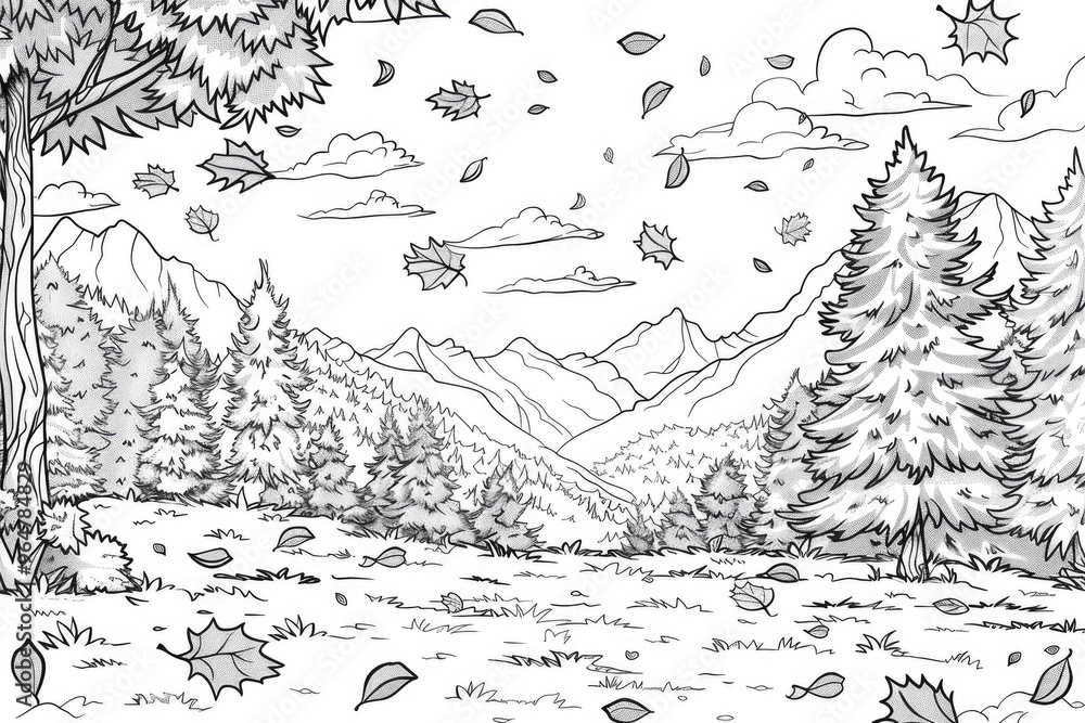 Obraz premium Coloring book illustration of a beautiful sunny autumn day in the mountains with trees and falling leaves