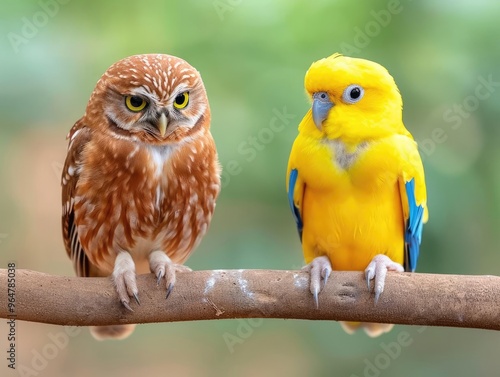 An owl perched on a branch, looking wise and thoughtful, next to a parrot mimicking sounds without understanding photo