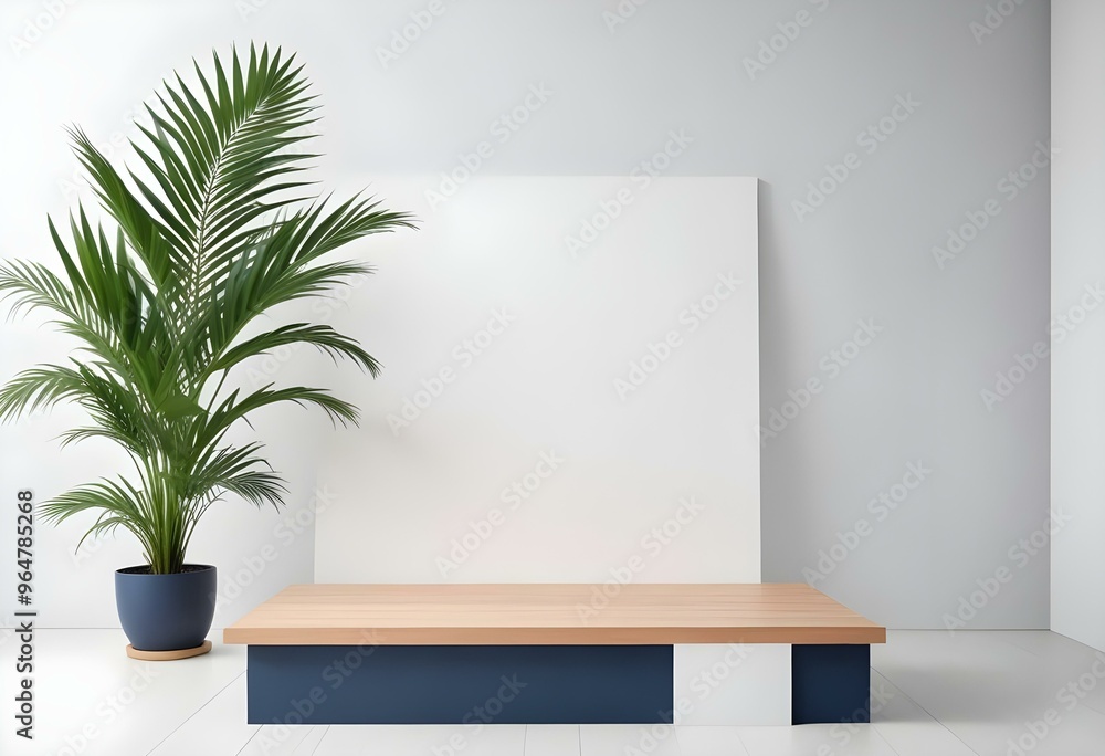 White podium with a sleek wooden top, complemented by fresh green palm leaves, in a modern gallery space with a stark white background. White podium with a sleek wooden top, complemented by fresh green palm leaves, in a modern gallery space with a stark white background.