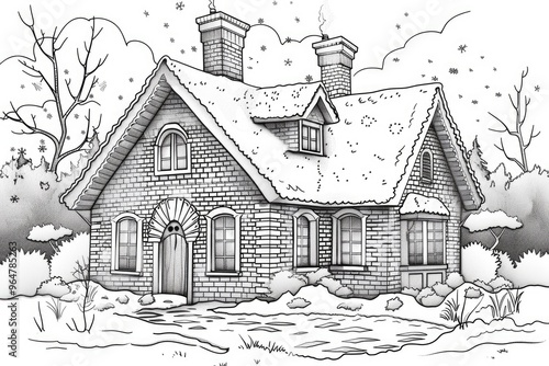 Coloring book illustration of a cozy brick house with snow on the roof during winter