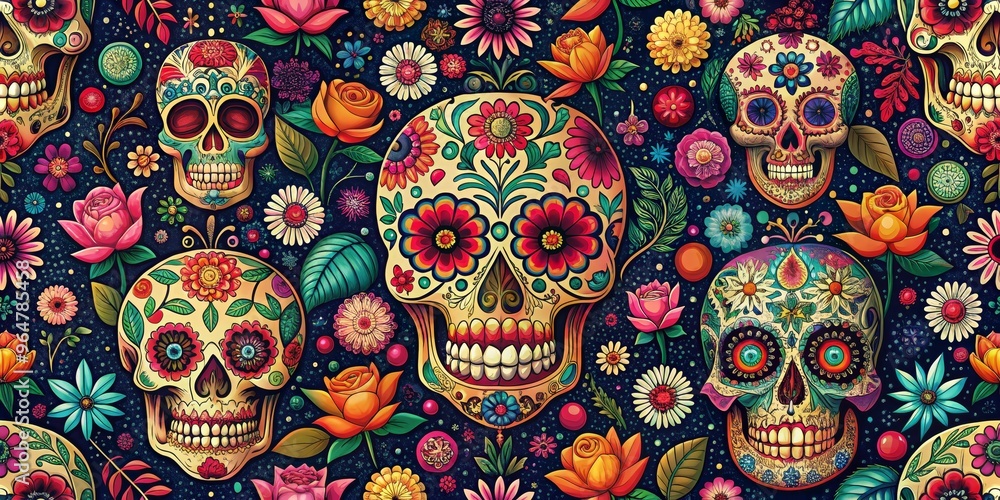 Floral Sugar Skulls Digital Seamless Pattern, Day of the Dead, Mexican Art, Sugar Skull Pattern Floral Sugar Skulls Digital Seamless Pattern, Day of the Dead, Mexican Art, Sugar Skull Pattern