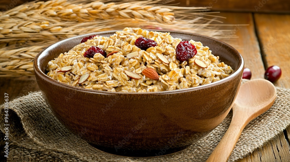 A bowl of oatmeal with cranberries sits on a table alongside some ears of wheat A bowl of oatmeal with cranberries sits on a table alongside some ears of wheat