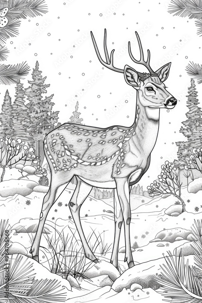Coloring book illustration of a doe in a snowy forest scene surrounded by natural elements Coloring book illustration of a doe in a snowy forest scene surrounded by natural elements