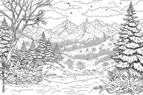 Coloring book illustration of a beautiful winter scene in the mountains