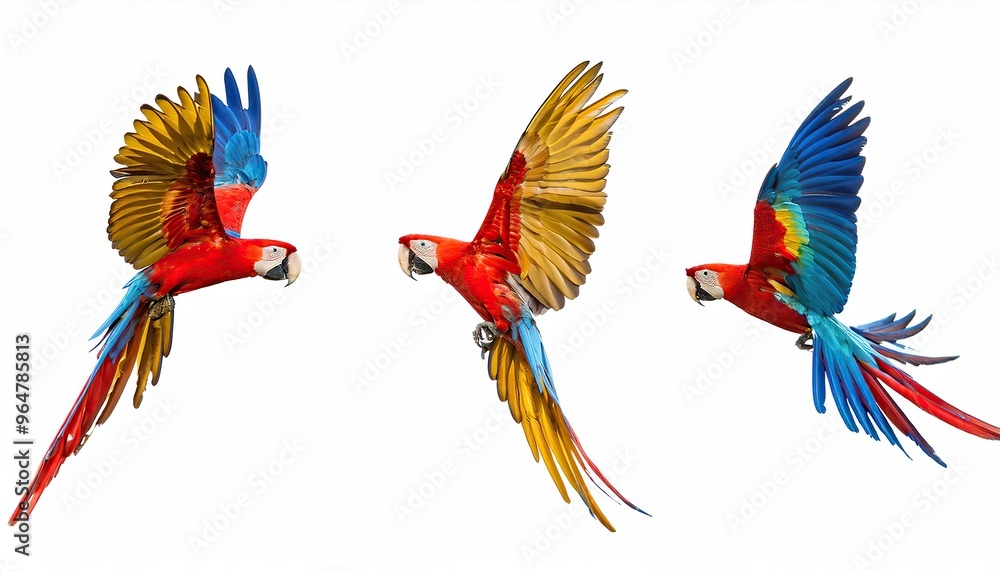 Fototapeta premium feathers isolated on white background, Collection of three birds, flying macaw parrots set on white background