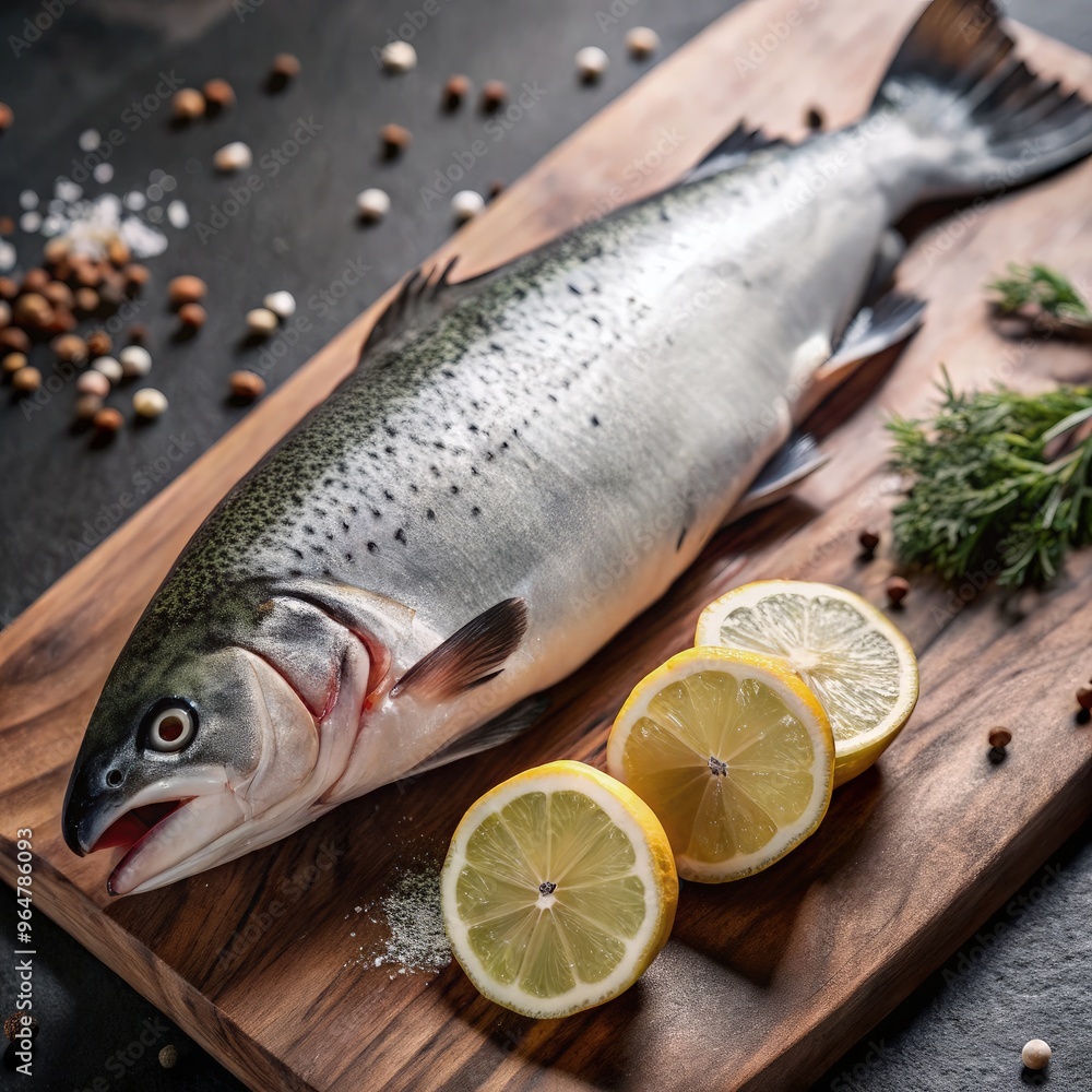 Fresh salmon on a wooden cutting board with lemon slices and spices. Generative AI Fresh salmon on a wooden cutting board with lemon slices and spices. Generative AI