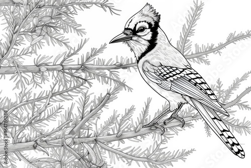 Coloring book illustration of a Blue Jay perched in a yew tree showcasing this vibrant bird throughout the changing seasons photo