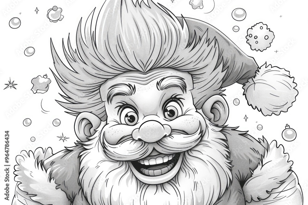 Coloring book illustration of a cheerful gray haired Santa with a mohawk in a festive mood Coloring book illustration of a cheerful gray haired Santa with a mohawk in a festive mood