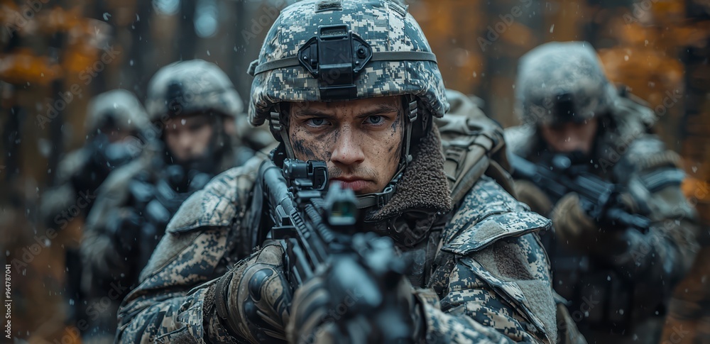 Soldiers in camouflage and tactical gear advance through the forest during the battle at dawn Soldiers in camouflage and tactical gear advance through the forest during the battle at dawn