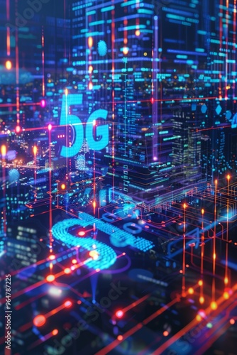 Futuristic 5G network digital hologram and Internet of Things (IoT) icons displayed over a city background,