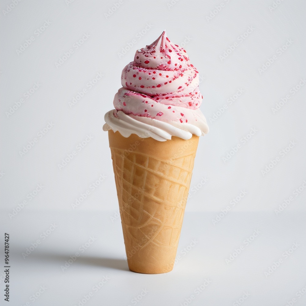 Pink soft serve ice cream in a cone on white background.. Pink soft serve ice cream in a cone on white background..