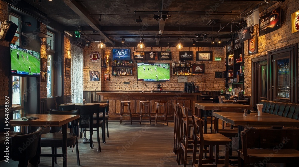 Obraz premium Empty sports bar interior with tv screen