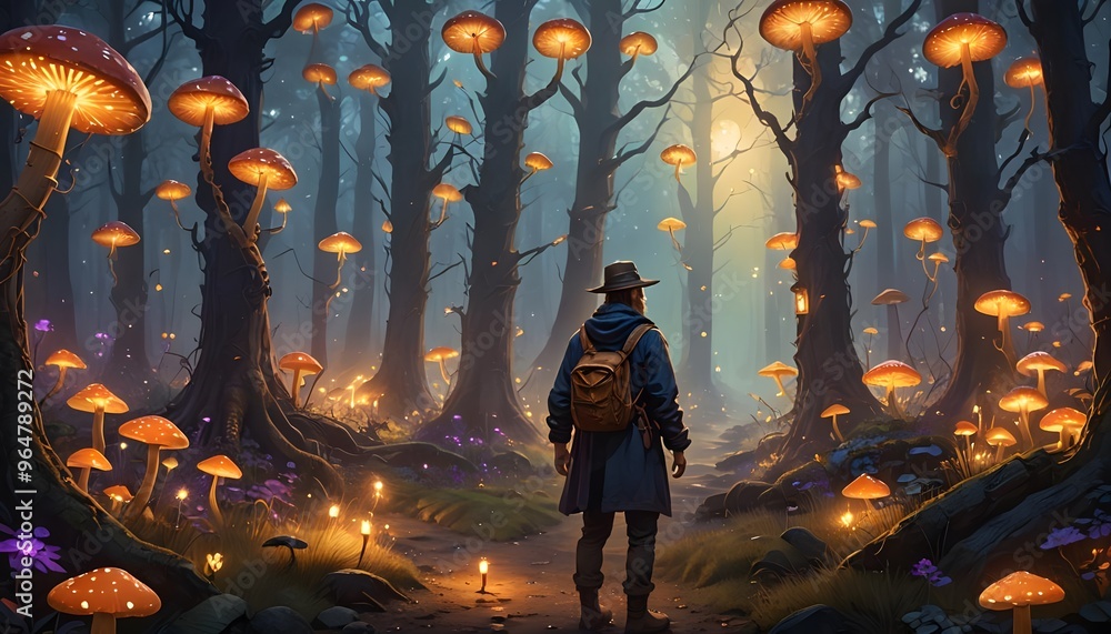 Fototapeta premium An individual explores an enchanted forest filled with glowing mushrooms and magical lights at night, creating a fantastical and serene atmosphere of wonder and mystery.