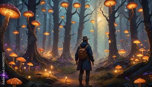 An individual explores an enchanted forest filled with glowing mushrooms and magical lights at night, creating a fantastical and serene atmosphere of wonder and mystery.