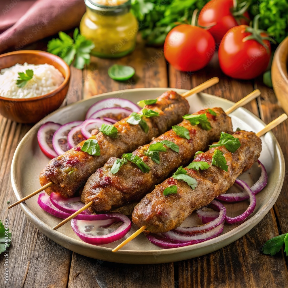 Delicious lula kebabs served with fresh vegetables on a rustic wooden table. Generative AI Delicious lula kebabs served with fresh vegetables on a rustic wooden table. Generative AI