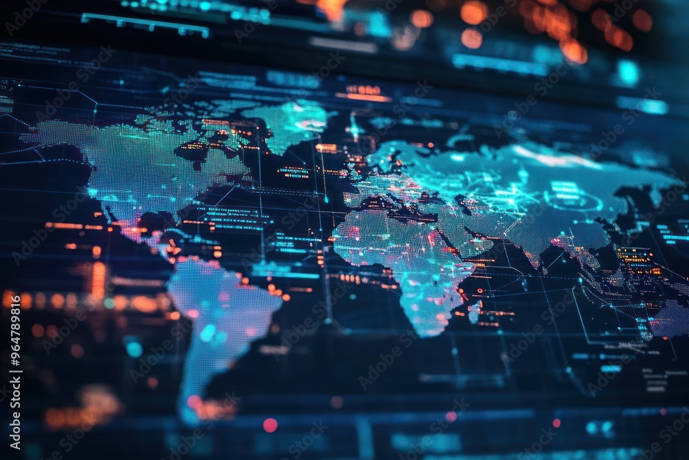 Obraz premium A Digital World Map with Data and Connections