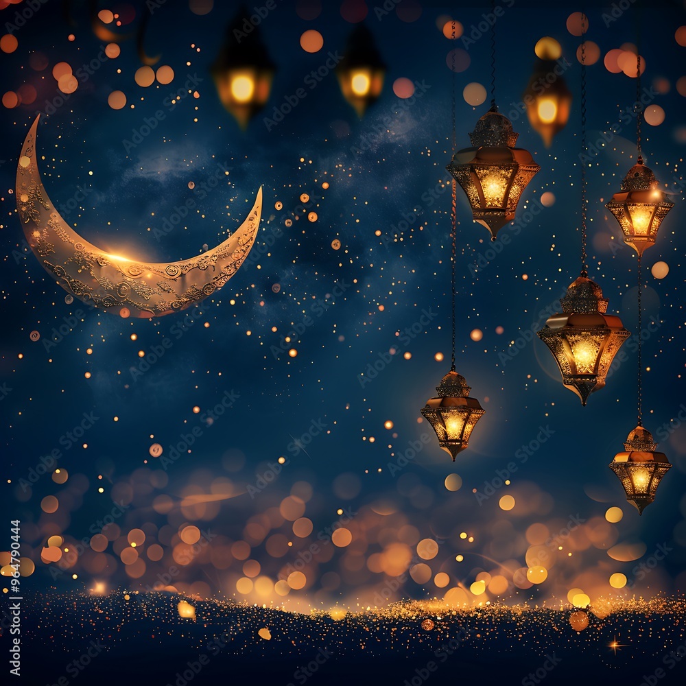 Golden Ramadan Lanterns and Crescent Moon Golden Ramadan Lanterns and Crescent Moon