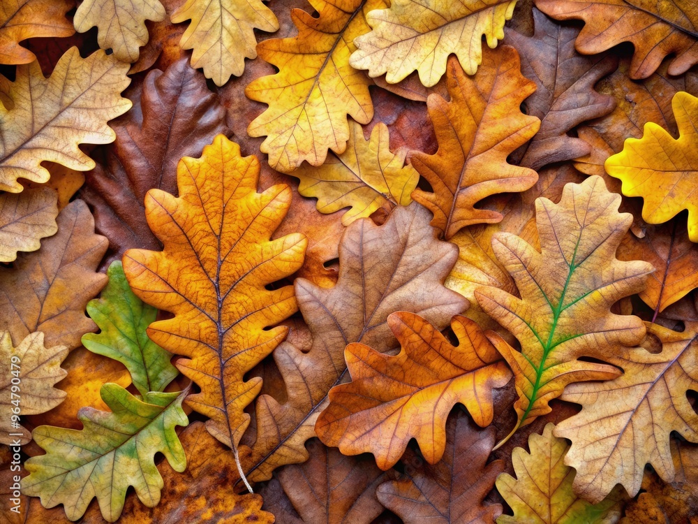 Oak leaves in various autumn colors covering the forest floor. Generative AI Oak leaves in various autumn colors covering the forest floor. Generative AI