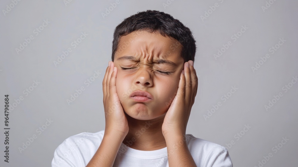 Black short hair boy holding his head in pain and frowning, close-up with pained expression due to earache Black short hair boy holding his head in pain and frowning, close-up with pained expression due to earache