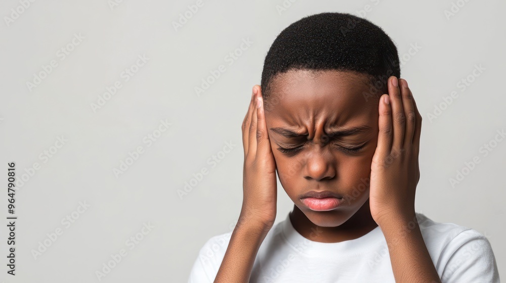 Black short hair boy holding his head in pain and frowning, close-up with pained expression due to earache Black short hair boy holding his head in pain and frowning, close-up with pained expression due to earache