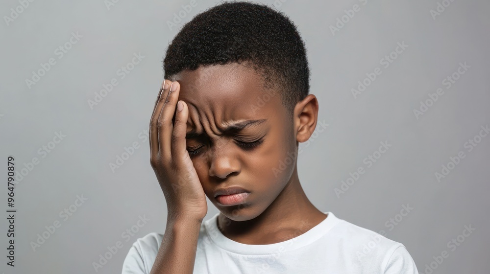 Black short hair boy holding his head in pain and frowning, close-up with pained expression due to earache Black short hair boy holding his head in pain and frowning, close-up with pained expression due to earache