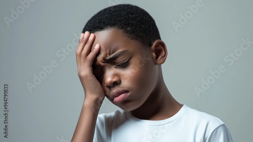 Black short hair boy holding his head in pain and frowning, close-up with pained expression due to earache photo