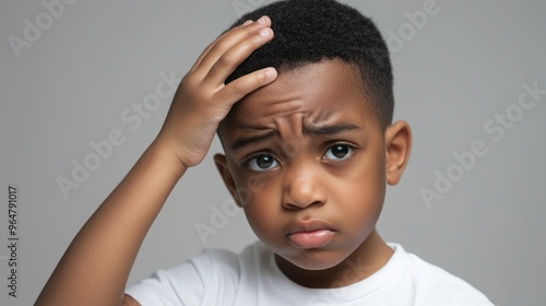 Black short hair boy holding his head in pain and frowning, close-up with pained expression due to earache photo