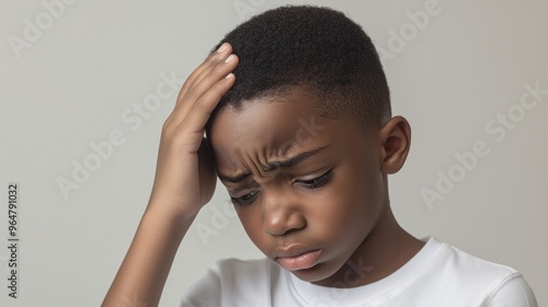 Black short hair boy holding his head in pain and frowning, close-up with pained expression due to earache