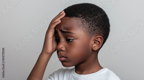 Black short hair boy holding his head in pain and frowning, close-up with pained expression due to earache photo