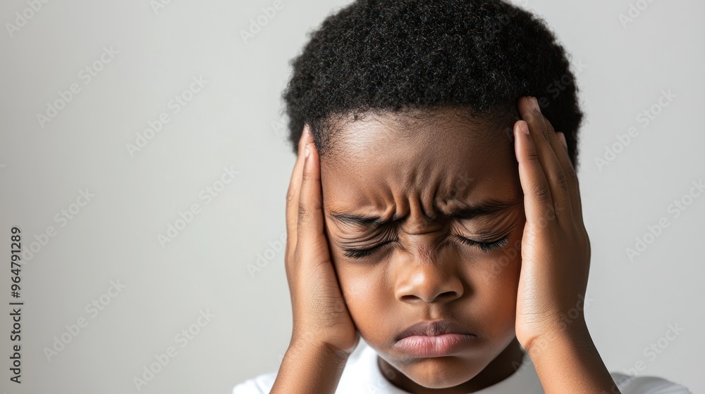 Black short hair boy holding his head in pain and frowning, close-up with pained expression due to earache Black short hair boy holding his head in pain and frowning, close-up with pained expression due to earache