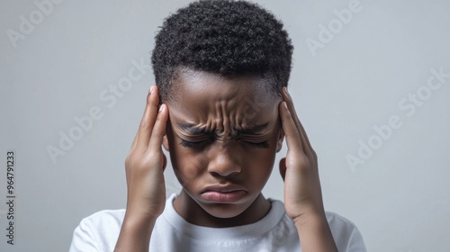 Black short hair boy holding his head in pain and frowning, close-up with pained expression due to earache photo