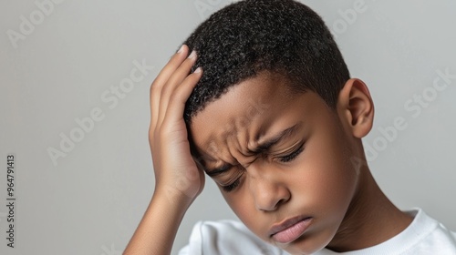 Black short hair boy holding his head in pain and frowning, close-up with pained expression due to earache photo