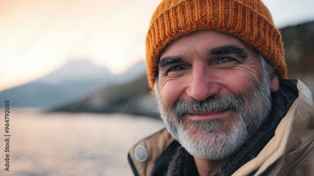Portrait of a happy, smiling gray-haired, bearded man in his fifties, wearing a beige jacket and an orange knitted hat Portrait of a happy, smiling gray-haired, bearded man in his fifties, wearing a beige jacket and an orange knitted hat
