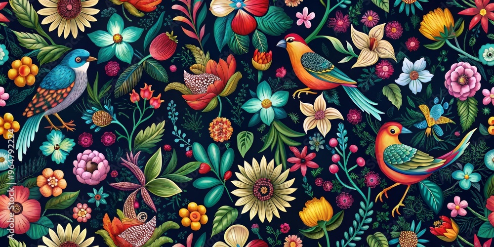 Fototapeta premium Vibrant Floral and Bird Pattern Digital Illustration, Colorful Flowers and Birds on Dark Background, Seamless Repeat, Floral Pattern, Botanical Art, Birds, Digital Art