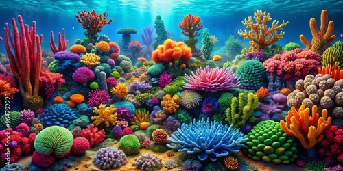 Fototapeta Naklejka Na Ścianę i Meble -  Underwater Coral Reef Paradise, 3D Render, Vivid Colors, Marine Life, Ocean, Coral, Reef