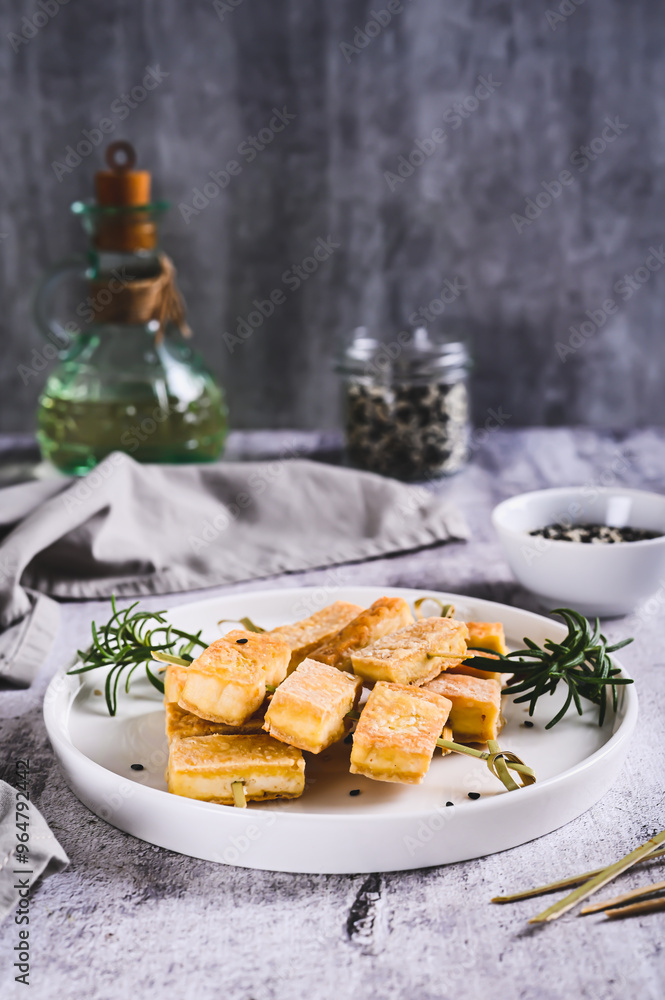 Spicy fried tofu on skewers and rosemary on a plate on the table vertical view