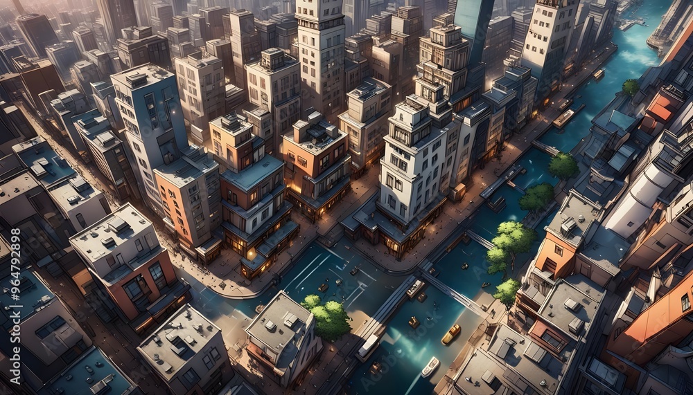 A busy urban landscape featuring a canal with boats, surrounded by tall buildings and streets, an exemplary illustration of a vibrant city life and architecture. A busy urban landscape featuring a canal with boats, surrounded by tall buildings and streets, an exemplary illustration of a vibrant city life and architecture.