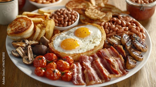  A plate of food with eggs, bacon, beans, tomatoes, bread and other dishes on a table