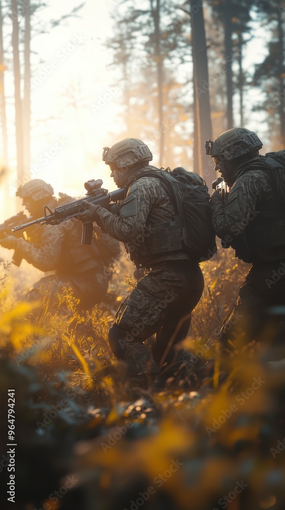 Naklejka premium Soldiers in camouflage and tactical gear advance through the forest during the battle at dawn