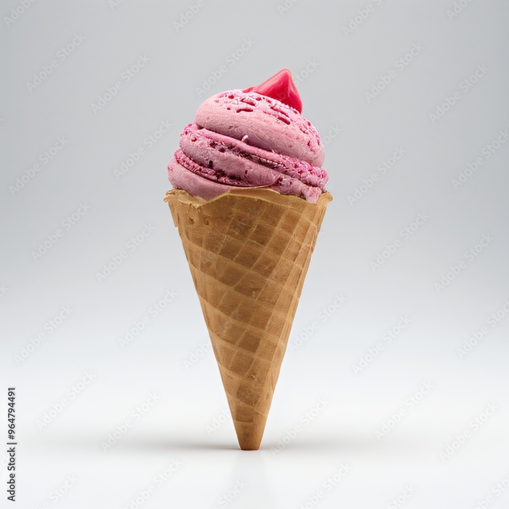 Pink soft serve ice cream in a cone on white background.. Pink soft serve ice cream in a cone on white background..