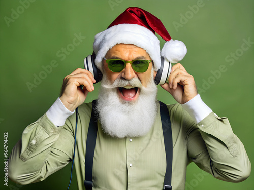 Nightclub invite on christmas party celebration funky crazy santa claus dj in white headset sing song sound melody listen music dance wear stylish x-mas hat suspenders isolated 