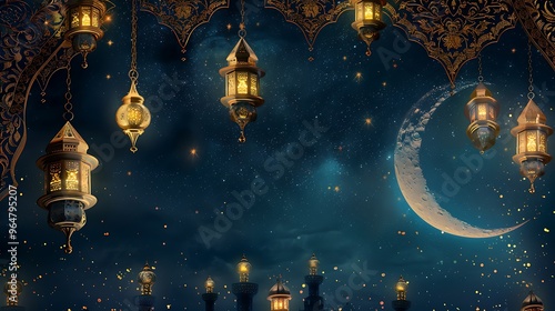 Ramadan Night Sky with Lanterns and Crescent Moon