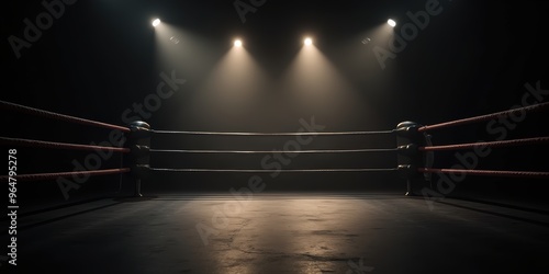 A dramatic view of an empty boxing ring under spotlight, ideal for sports promotions, motivational content, or event marketing.